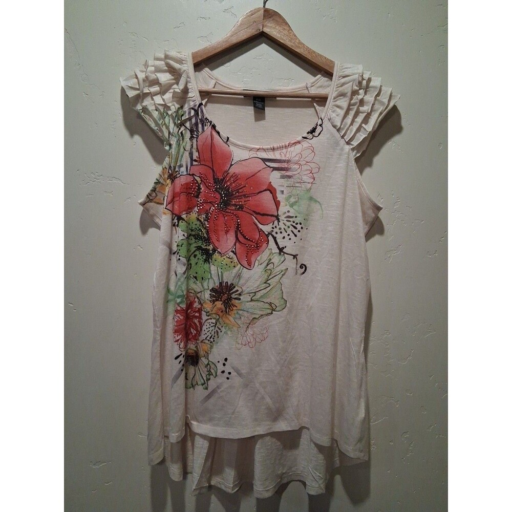 Style & Co Wmn's Sz PXL Flutter Cap Sleeve Slub Tunic Cream Embellished Floral